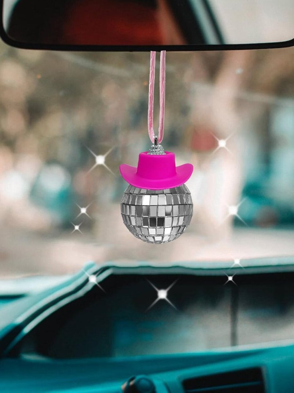 Pink Disco Ball Car Ornament, Mirror Ornament, Cowboy Hat Accessory, Cute Disco